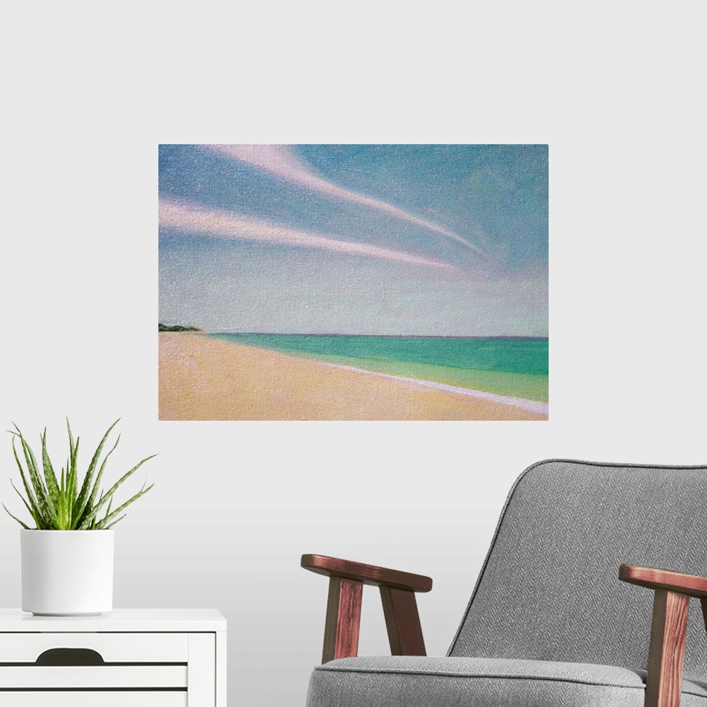 A modern room featuring Contemporary painting of a sandy beach with tropical turquoise water and two long clouds stretchi...