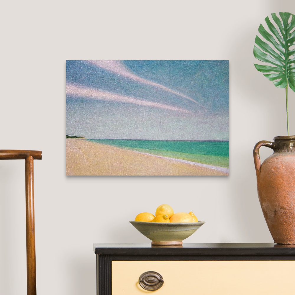 A traditional room featuring Contemporary painting of a sandy beach with tropical turquoise water and two long clouds stretchi...