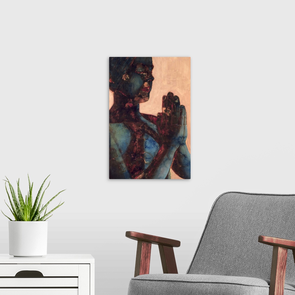 A modern room featuring Contemporary watercolor painting of a woman with her hands together as if praying.