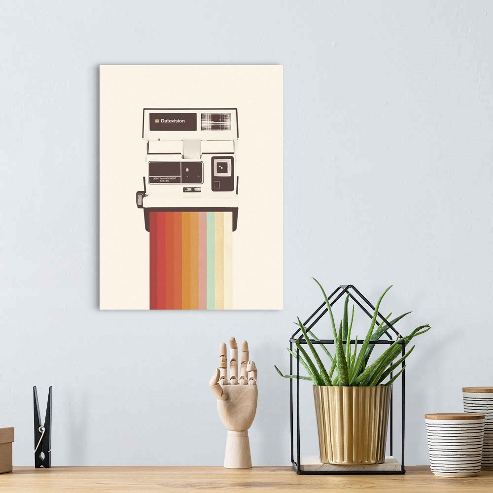 A bohemian room featuring A retro style image of a vintage polaroid style camera with a rainbow spectrum issuing from the f...