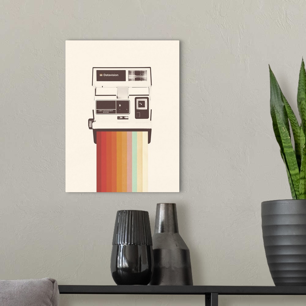 A modern room featuring A retro style image of a vintage polaroid style camera with a rainbow spectrum issuing from the f...