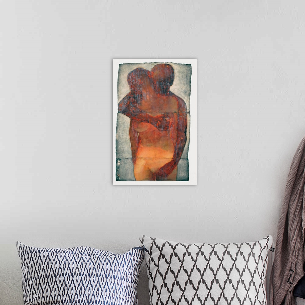 A bohemian room featuring Large, portrait artwork of a man intimately embracing a nude woman from behind, as she faces forw...