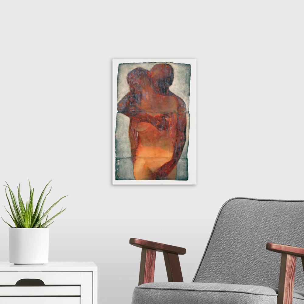 A modern room featuring Large, portrait artwork of a man intimately embracing a nude woman from behind, as she faces forw...