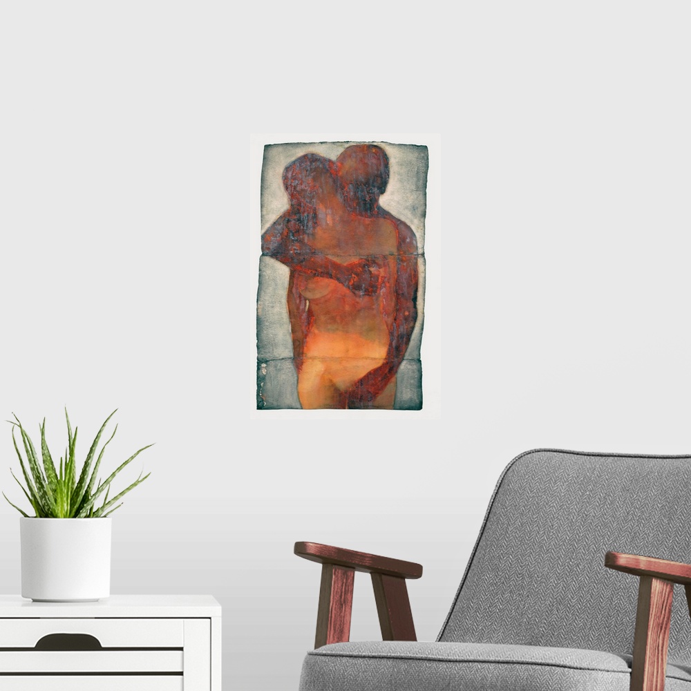 A modern room featuring Large, portrait artwork of a man intimately embracing a nude woman from behind, as she faces forw...