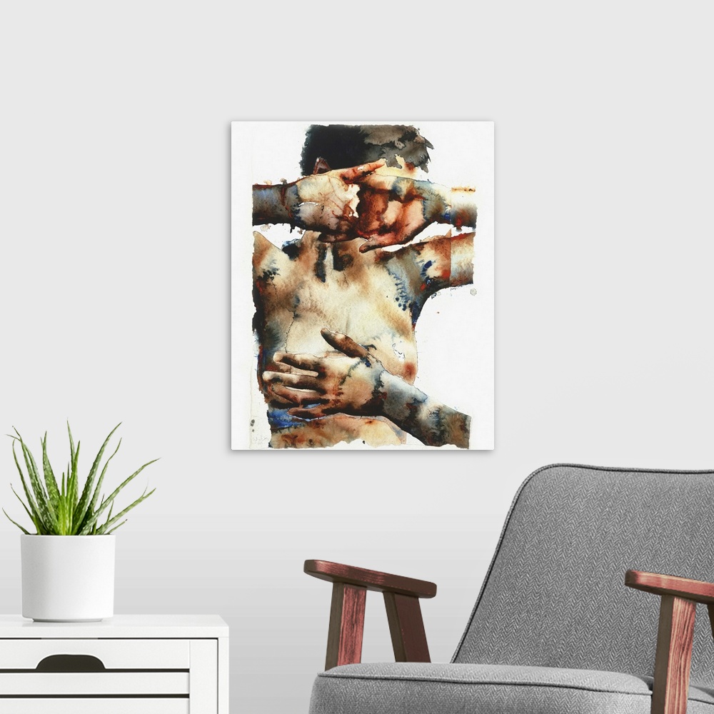 A modern room featuring Contemporary watercolor painting of a nude female figure with her hands over face and a hand from...