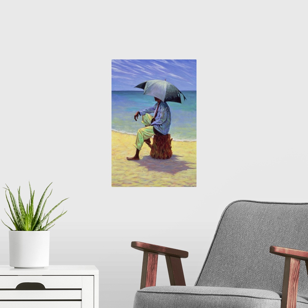 A modern room featuring This vertical painting is a figure sitting on a tree stump on a sandy beach with the ocean behind...