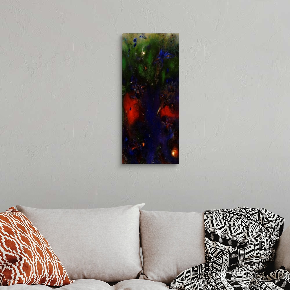 A bohemian room featuring Contemporary abstract painting resembling a garden with flowers.