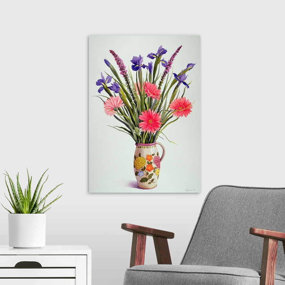 A modern room featuring Irises and Berbera in a Dutch Jug