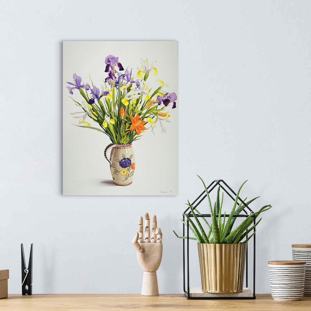 A bohemian room featuring Irises and Lilies in a Dutch Jug