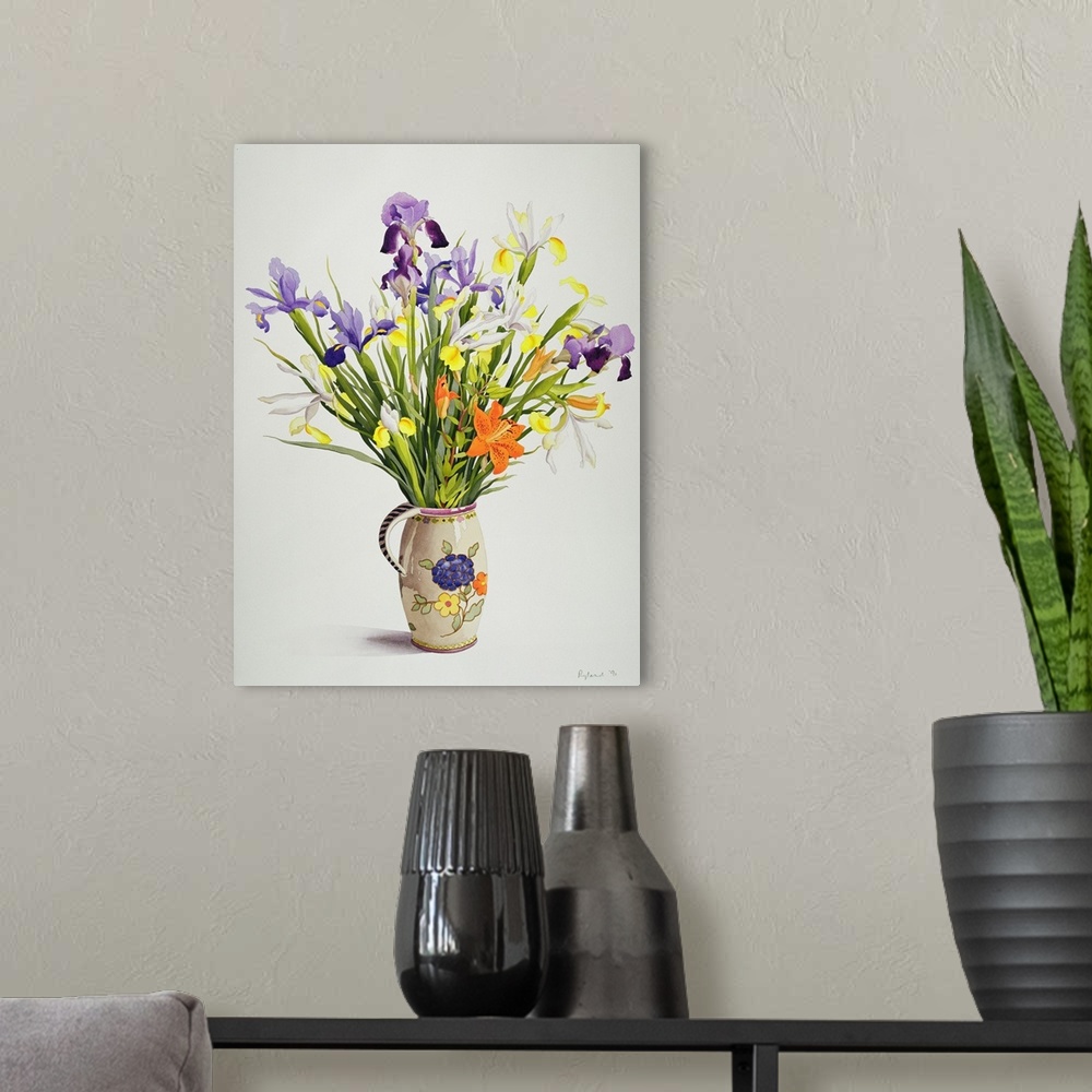 A modern room featuring Irises and Lilies in a Dutch Jug