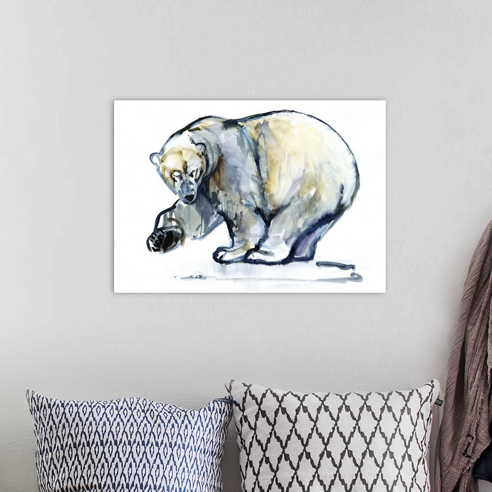 A bohemian room featuring Contemporary artwork of a polar bear raising its paw against a white background.