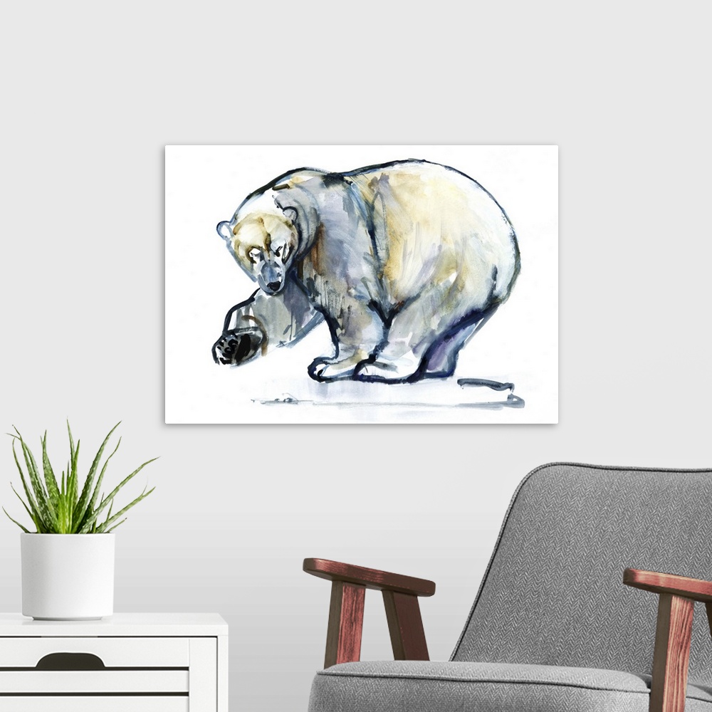 A modern room featuring Contemporary artwork of a polar bear raising its paw against a white background.