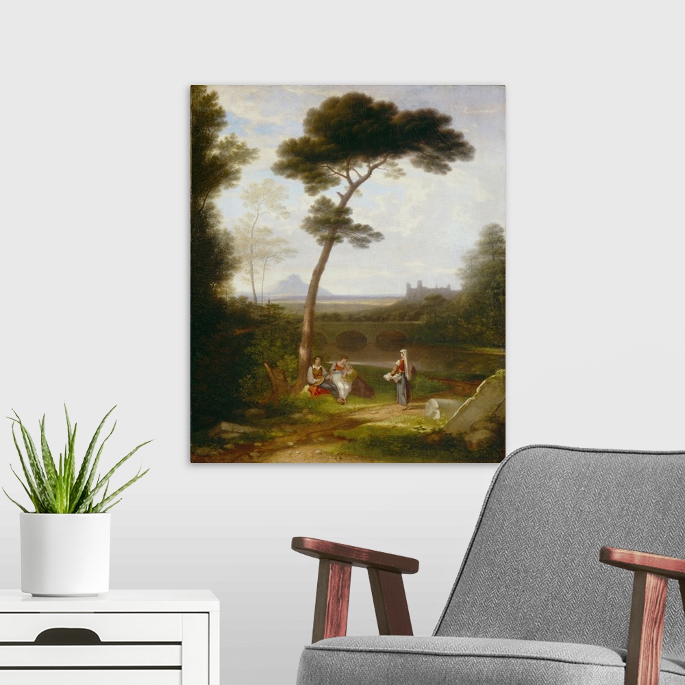A modern room featuring Originally oil on canvas.
