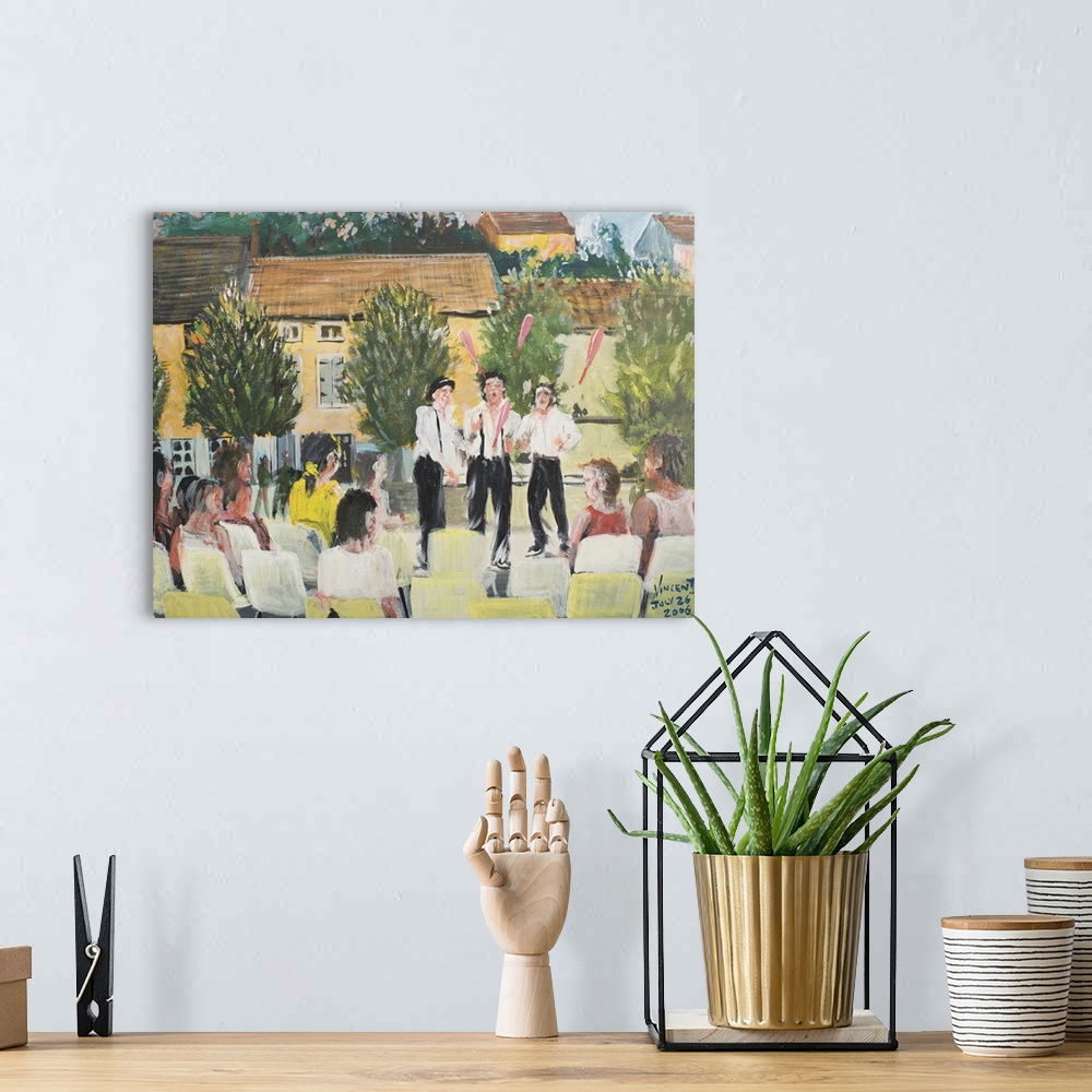 A bohemian room featuring Contemporary painting of performers on a stage during a festival in France.