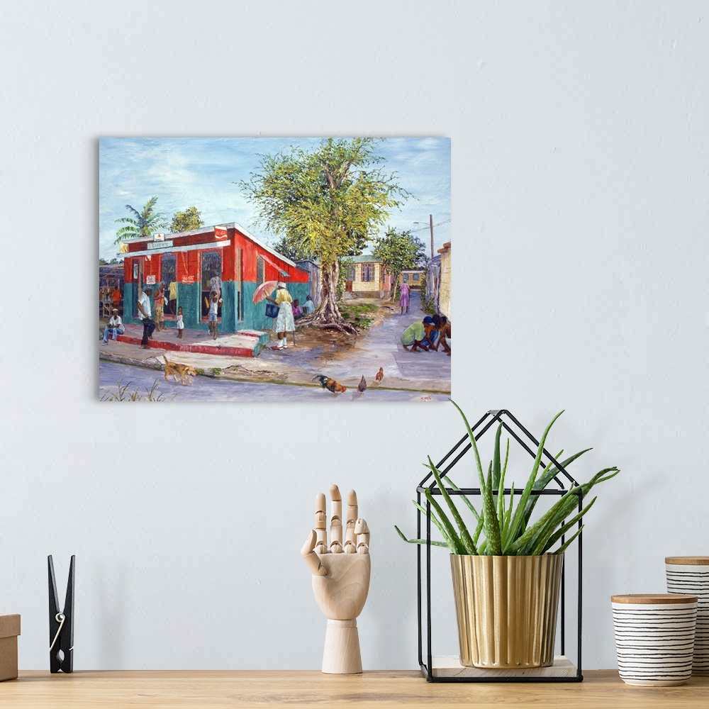 A bohemian room featuring This wall art is a realistic painting of a black community gathered around a general store on a s...