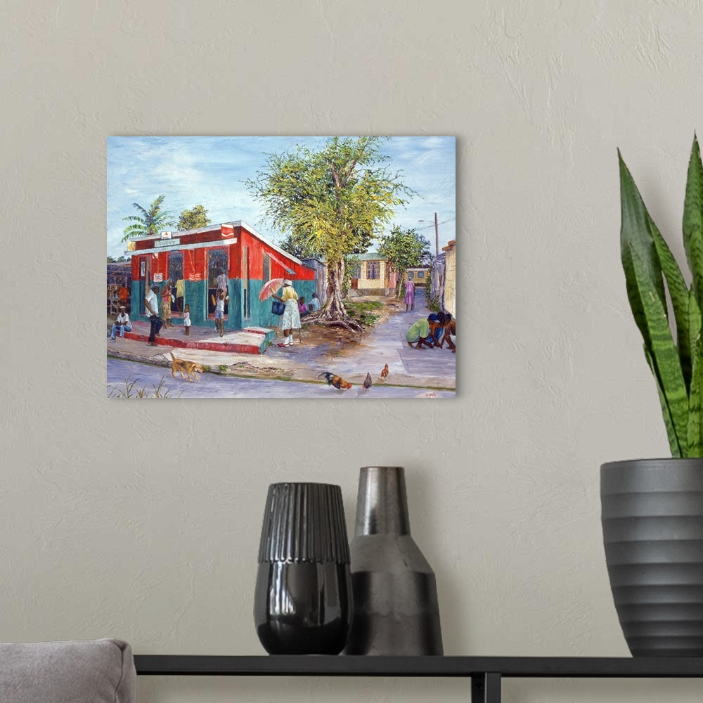 A modern room featuring This wall art is a realistic painting of a black community gathered around a general store on a s...