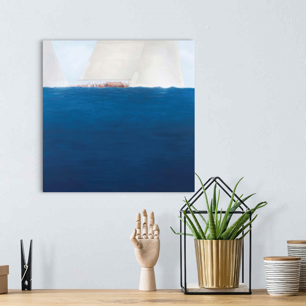 A bohemian room featuring Contemporary painting of yachts racing on the ocean.