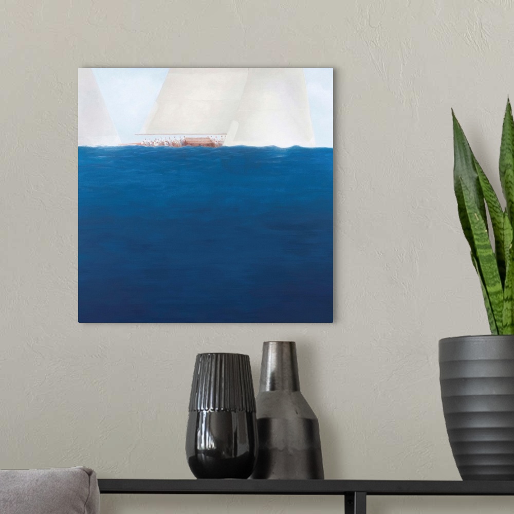 A modern room featuring Contemporary painting of yachts racing on the ocean.