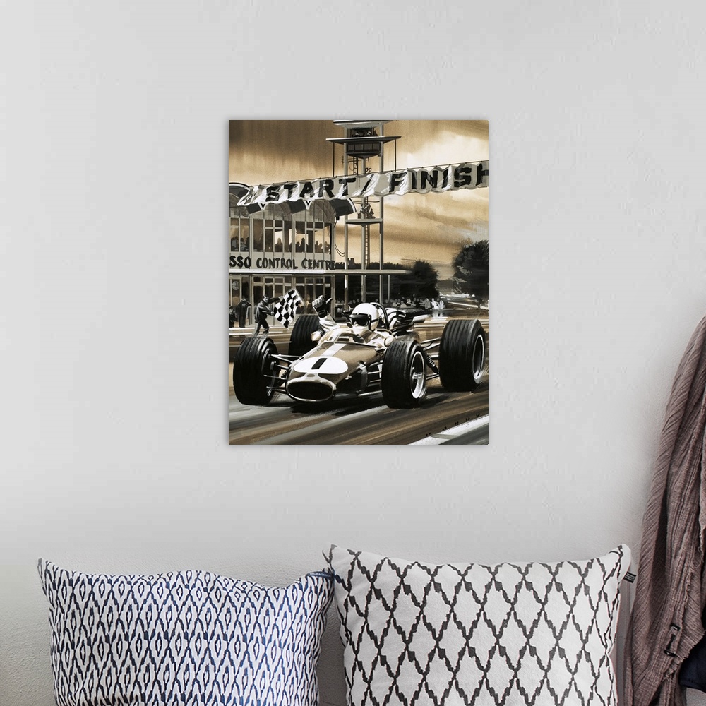 A bohemian room featuring Jack Brabham gives the thumbs-up sign as he wins the first ever Canadian Grand Prix