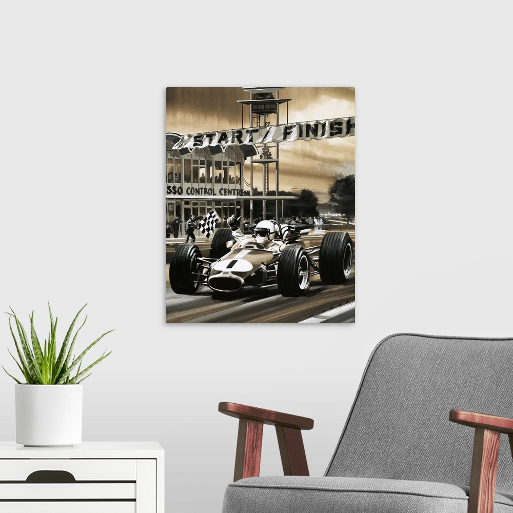 A modern room featuring Jack Brabham gives the thumbs-up sign as he wins the first ever Canadian Grand Prix