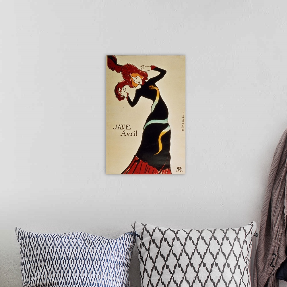 A bohemian room featuring A large vertical piece of Jane Avril dressed in a black gown with a large red hat. She is slightl...