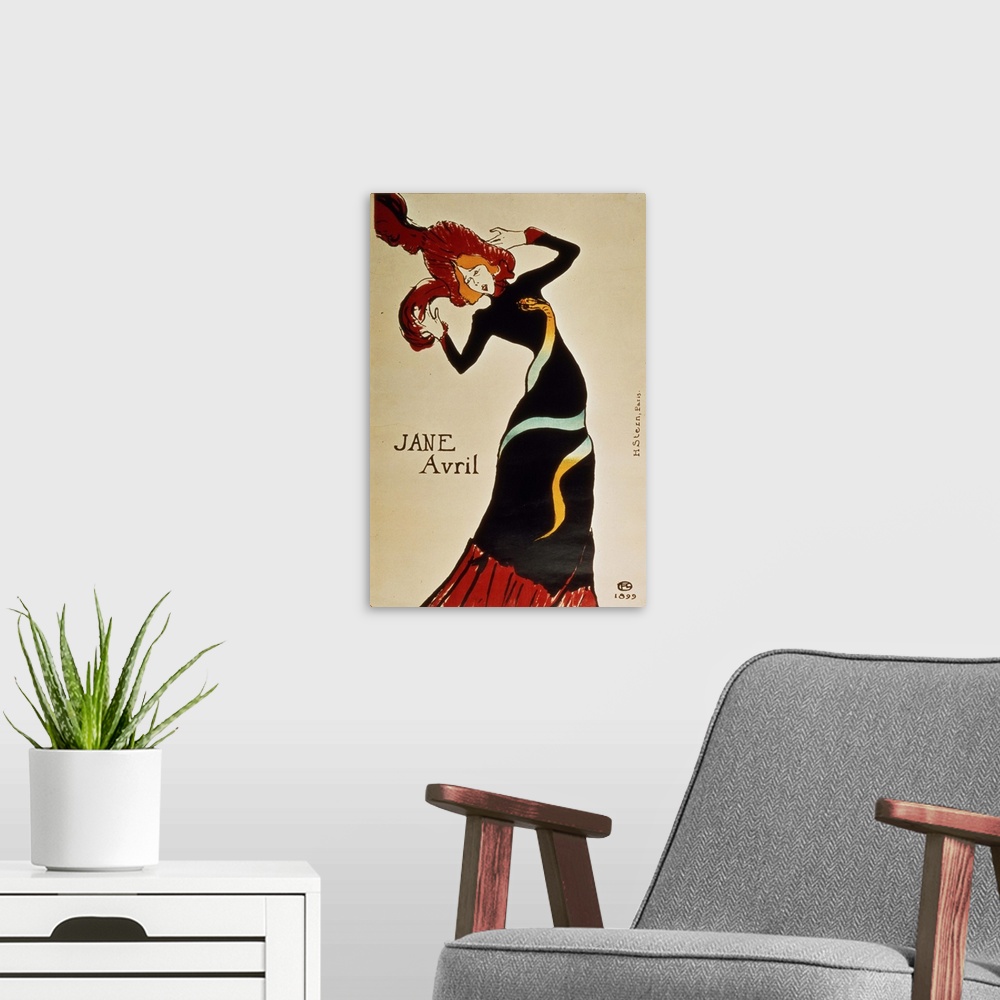 A modern room featuring A large vertical piece of Jane Avril dressed in a black gown with a large red hat. She is slightl...