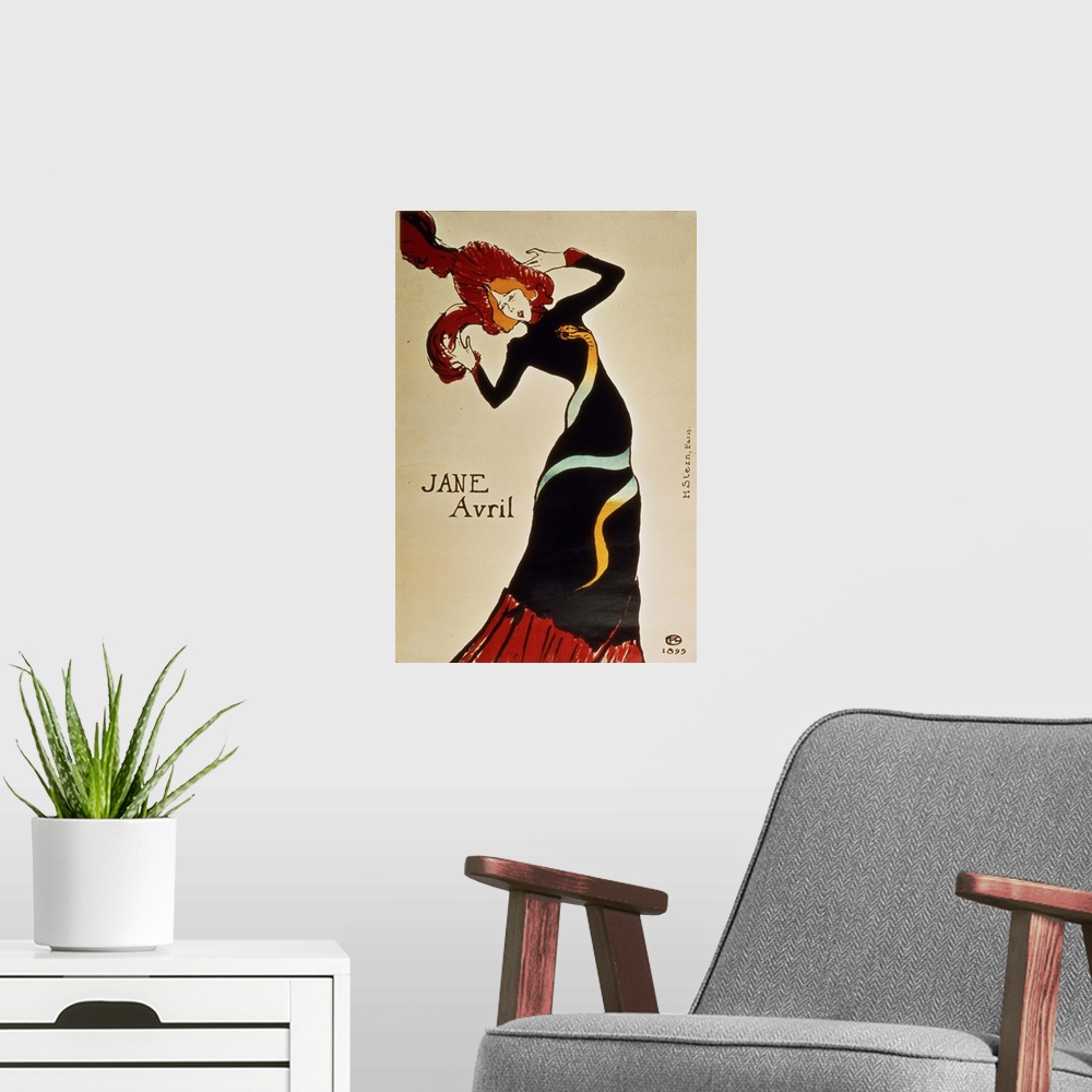 A modern room featuring A large vertical piece of Jane Avril dressed in a black gown with a large red hat. She is slightl...