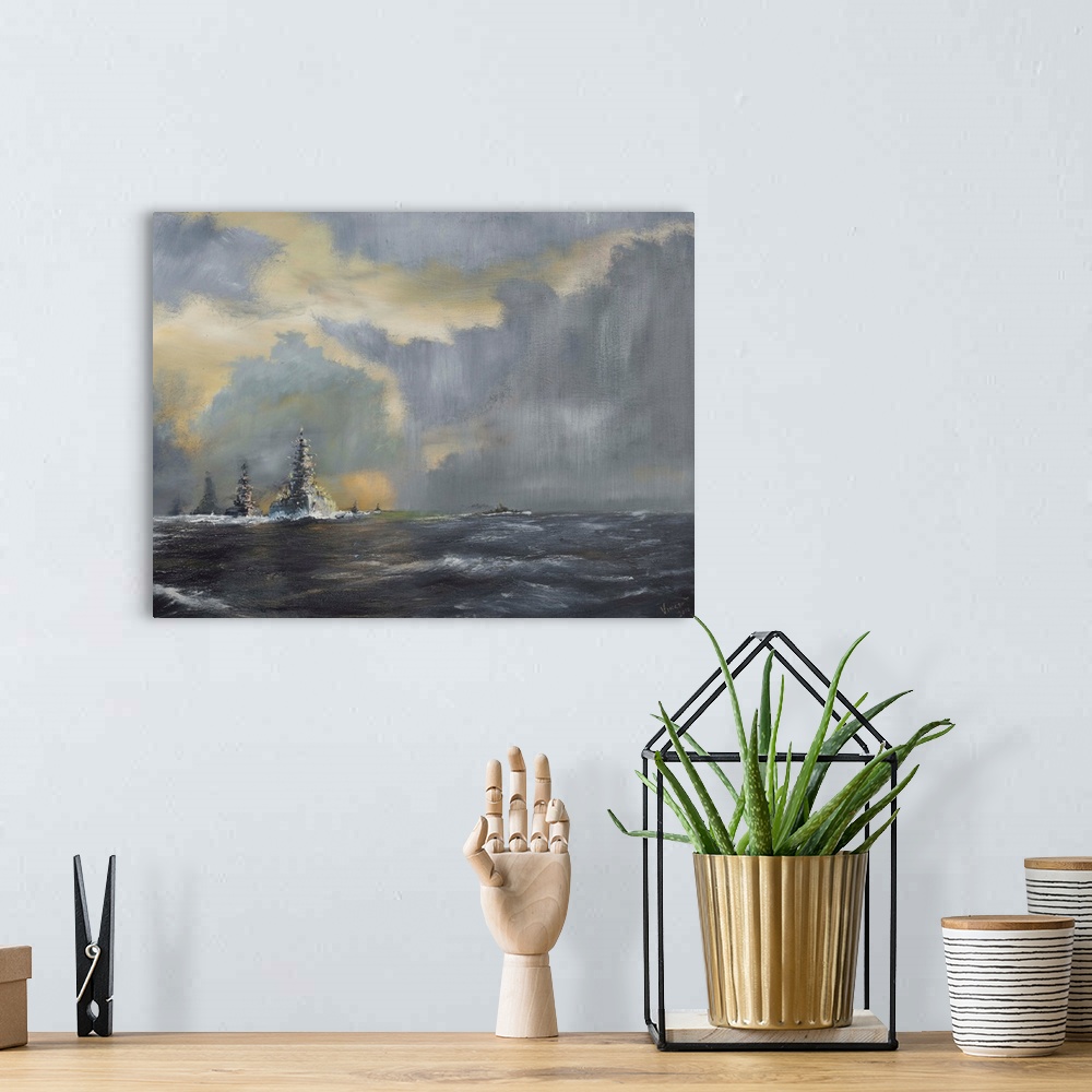 A bohemian room featuring Contemporary painting of a line of ships on the horizon.