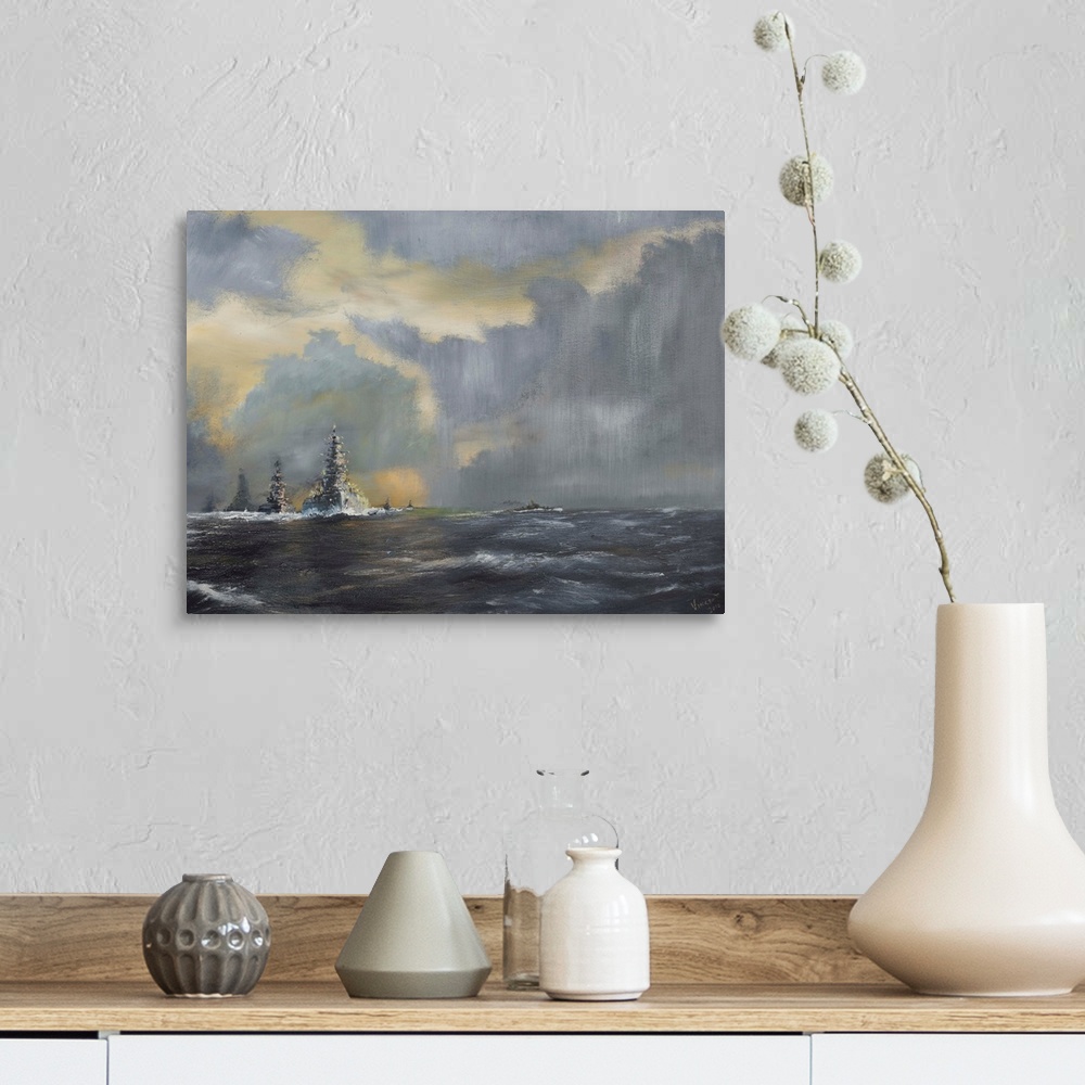 A farmhouse room featuring Contemporary painting of a line of ships on the horizon.