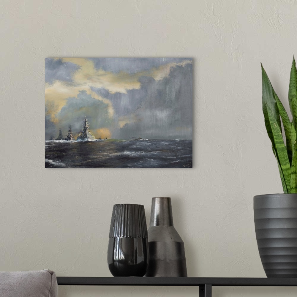 A modern room featuring Contemporary painting of a line of ships on the horizon.