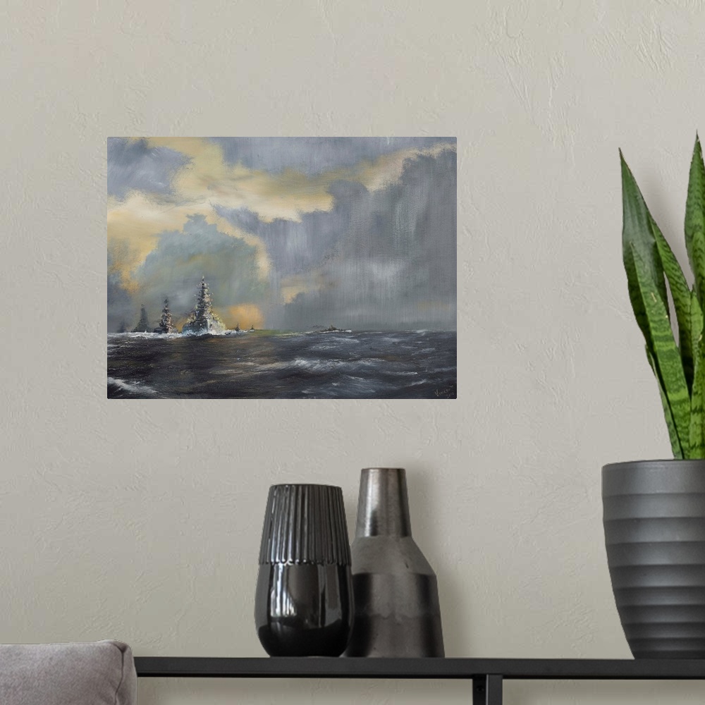 A modern room featuring Contemporary painting of a line of ships on the horizon.