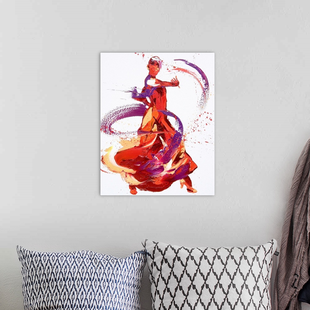 A bohemian room featuring Contemporary painting using deep warm colors to create a woman dancing against a white background.