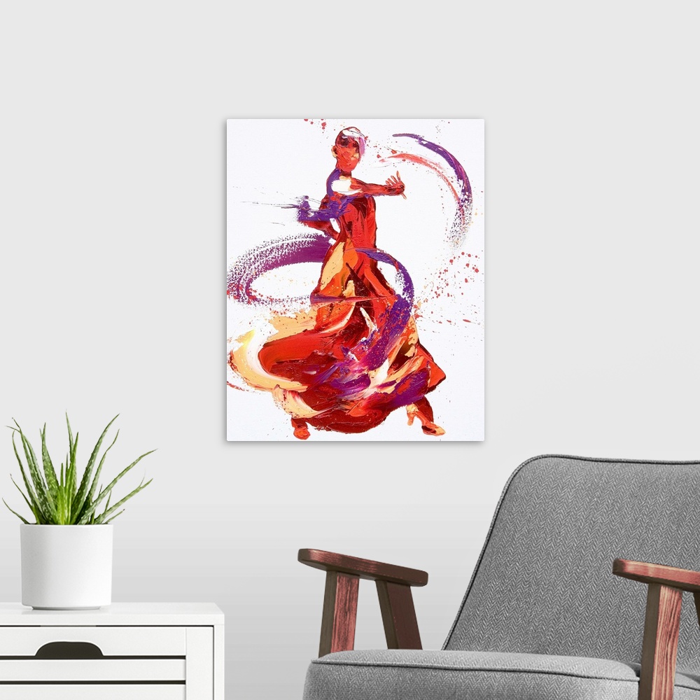 A modern room featuring Contemporary painting using deep warm colors to create a woman dancing against a white background.