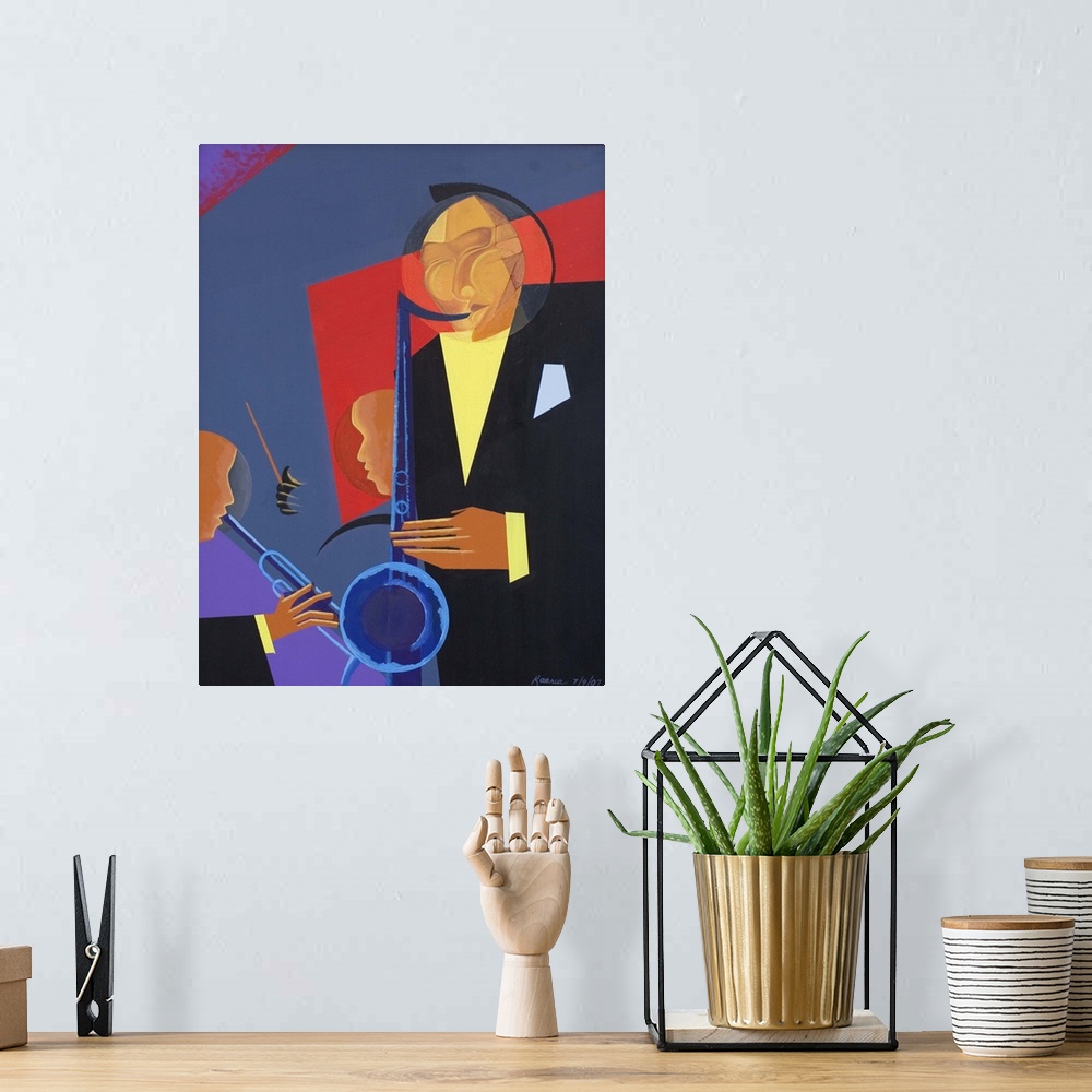 A bohemian room featuring Abstract painting with oil of a guy on the right playing the saxophone and a guy on the left play...