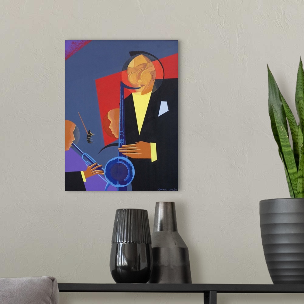 A modern room featuring Abstract painting with oil of a guy on the right playing the saxophone and a guy on the left play...