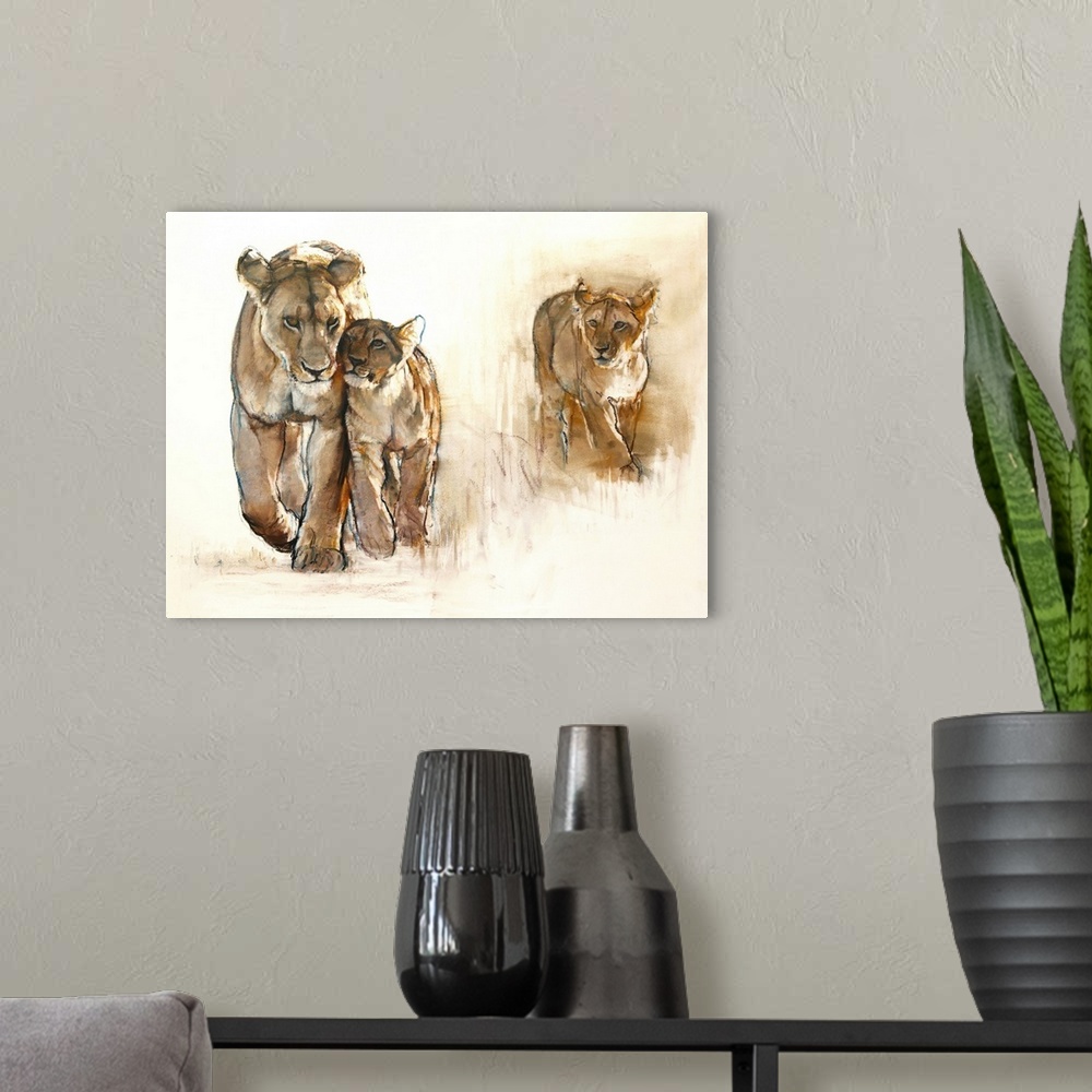 A modern room featuring Jealous cub, 2019. Originally conte and pastel on paper.