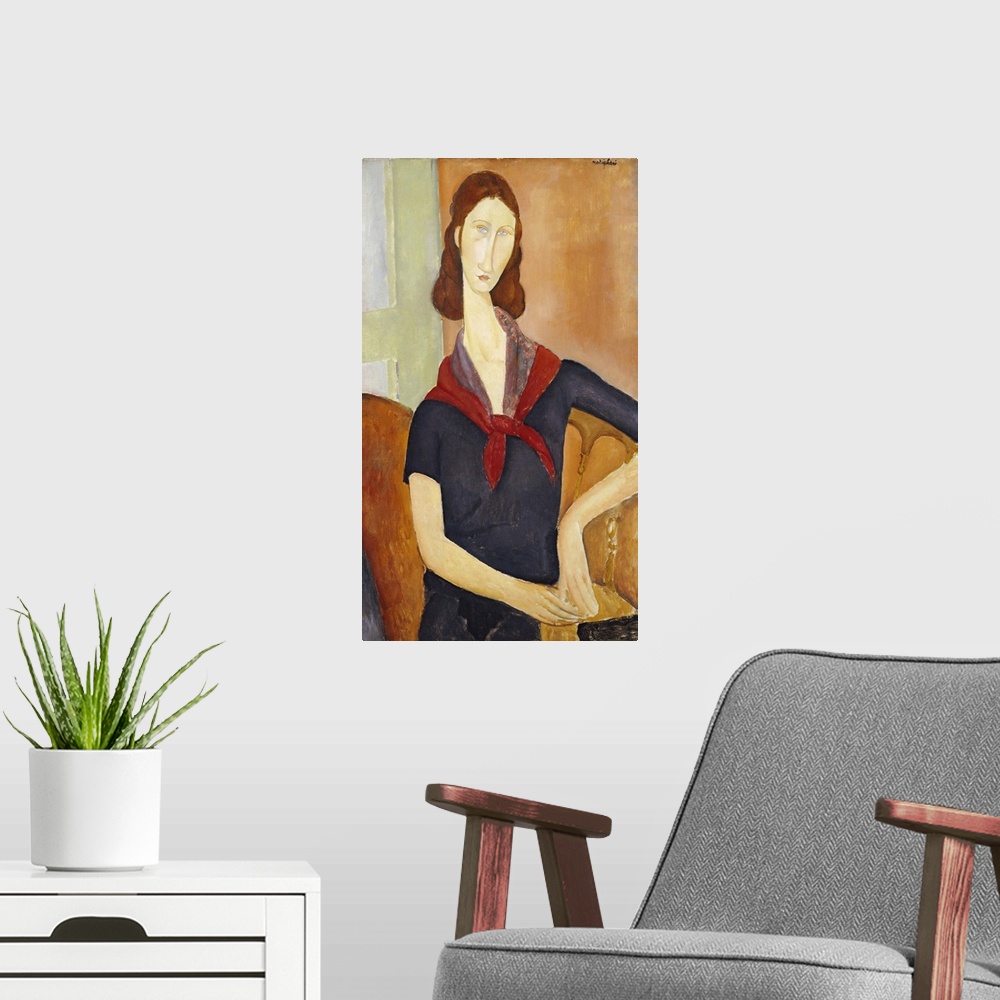 A modern room featuring CH378368 Jeanne Hebuterne (with a Scarf) 1919 (oil on canvas) by Modigliani, Amedeo (1884-1920); ...