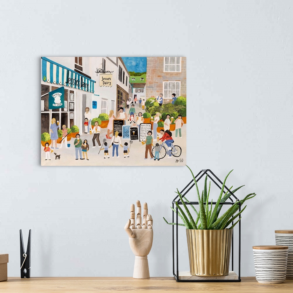 A bohemian room featuring Contemporary artwork of a bustling city square.