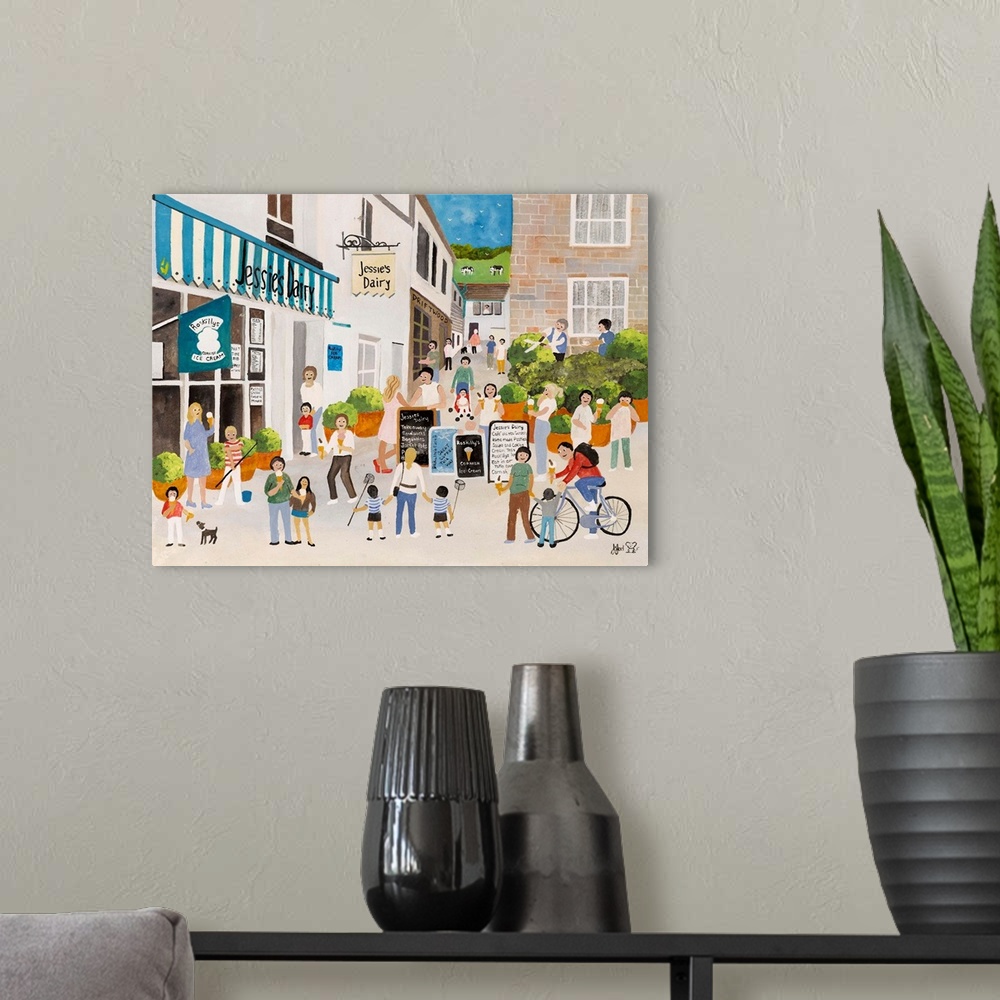 A modern room featuring Contemporary artwork of a bustling city square.