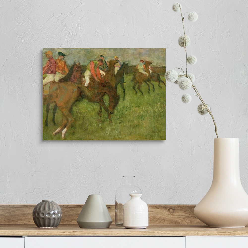 A farmhouse room featuring Edgar Degas painting of horses and horse racers in a field.