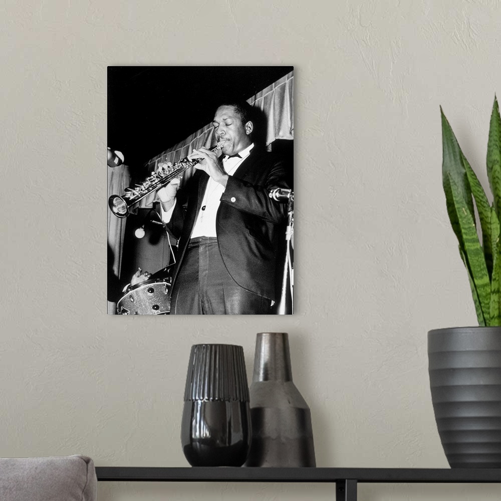 A modern room featuring American jazz saxophone player John Coltrane (1926-1967) here playing the soprano saxophone, 60\'...