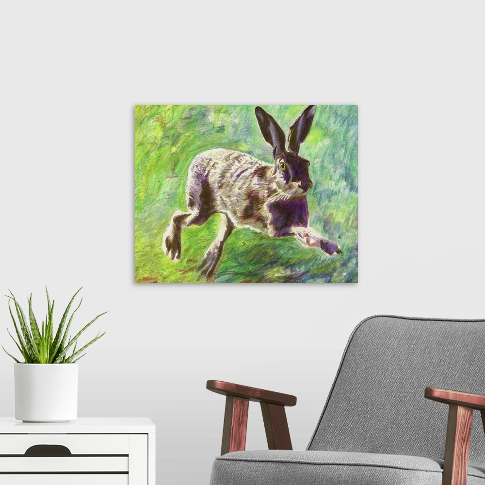 A modern room featuring Contemporary painting of a hare leaping as it runs.