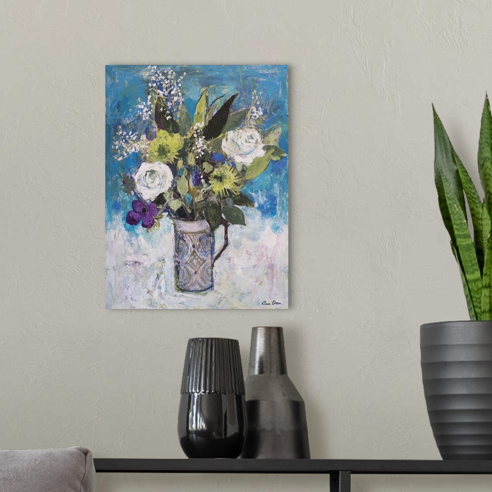 A modern room featuring Jug With White Roses And Other Flowers