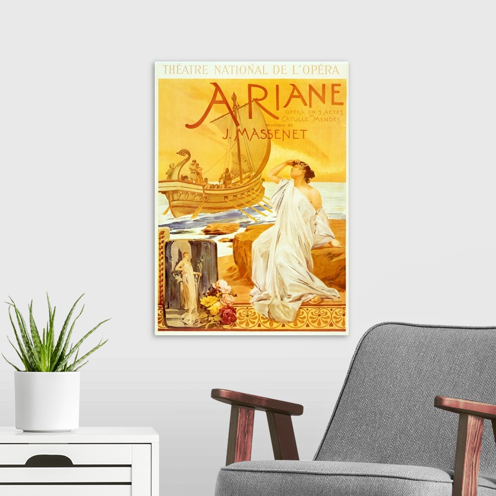 A modern room featuring Jules MASSENET-ARIANE Poster for performance at Theatre National de l'Opera (1906), by Albert Mai...