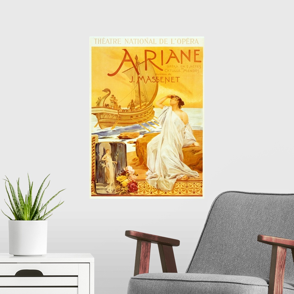 A modern room featuring Jules MASSENET-ARIANE Poster for performance at Theatre National de l'Opera (1906), by Albert Mai...
