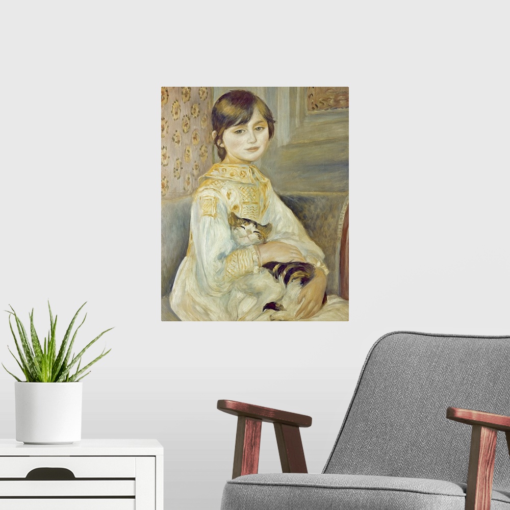 A modern room featuring Classic artwork of a small girl as she sits on a couch with her hands wrapped around the cat on h...