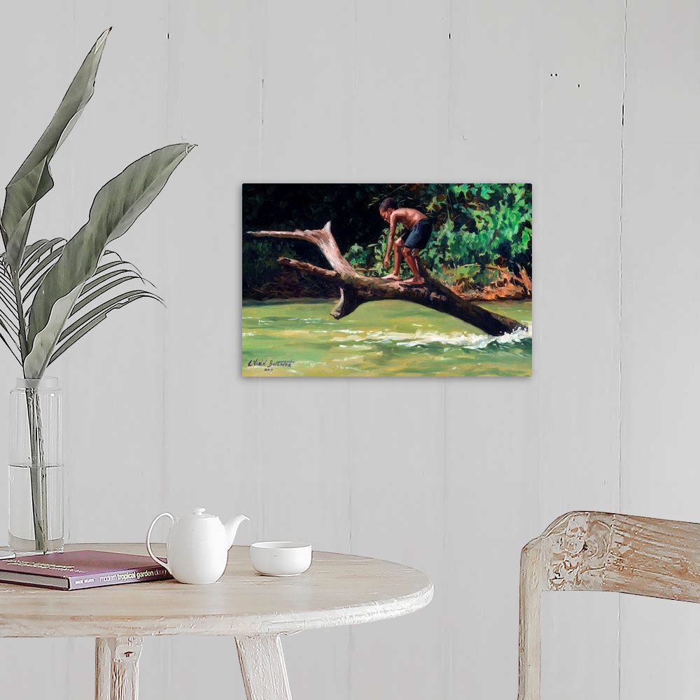 A farmhouse room featuring Contemporary painting of a boy on a tree ready to jump into the water.