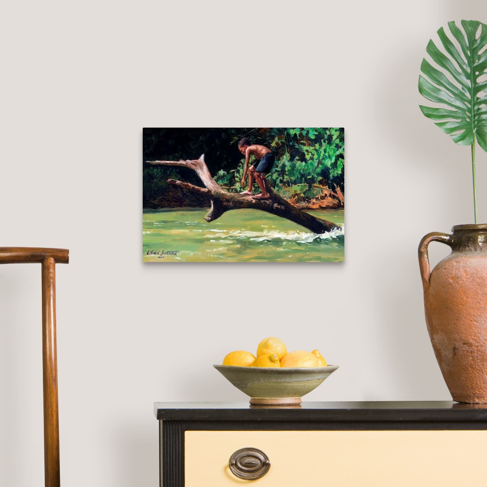 A traditional room featuring Contemporary painting of a boy on a tree ready to jump into the water.