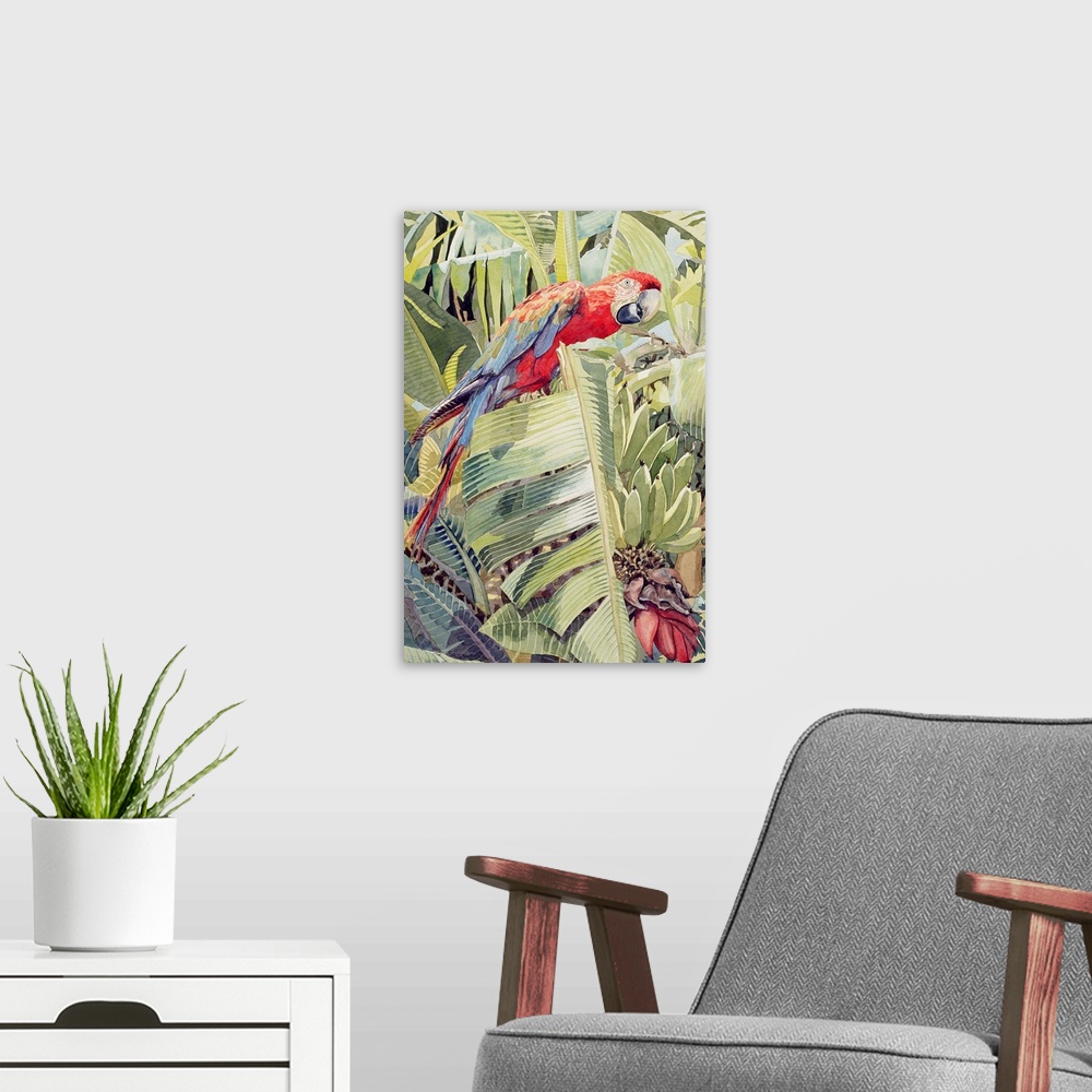 A modern room featuring FCH153609 Jungle Parrot (w/c on paper) by House, Felicity