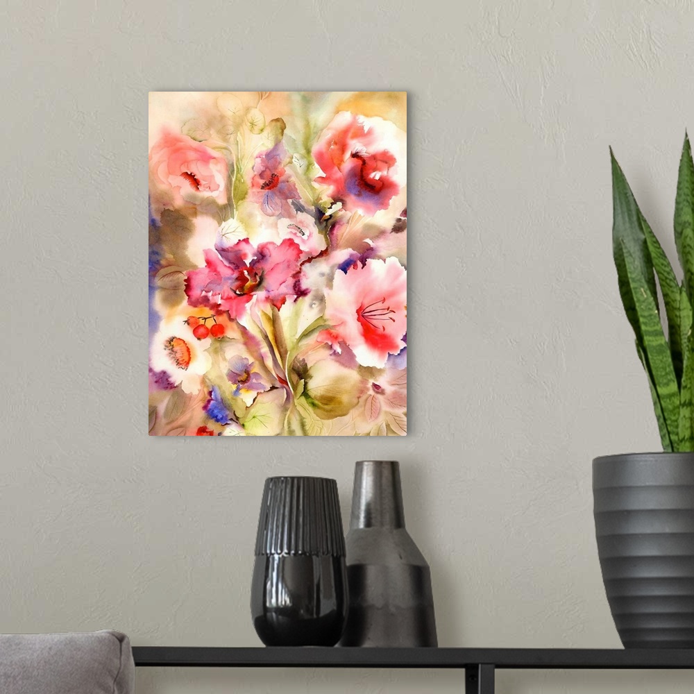 A modern room featuring Contemporary watercolor painting of a flowers.